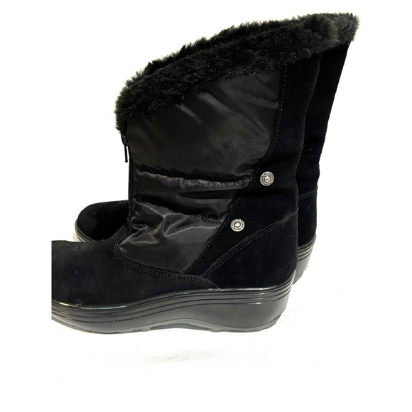 Skechers Women's Sz 7.5 Alaska Black Quilted Suede Leather Winter Boots Faux Fur - Picture 4 of 9